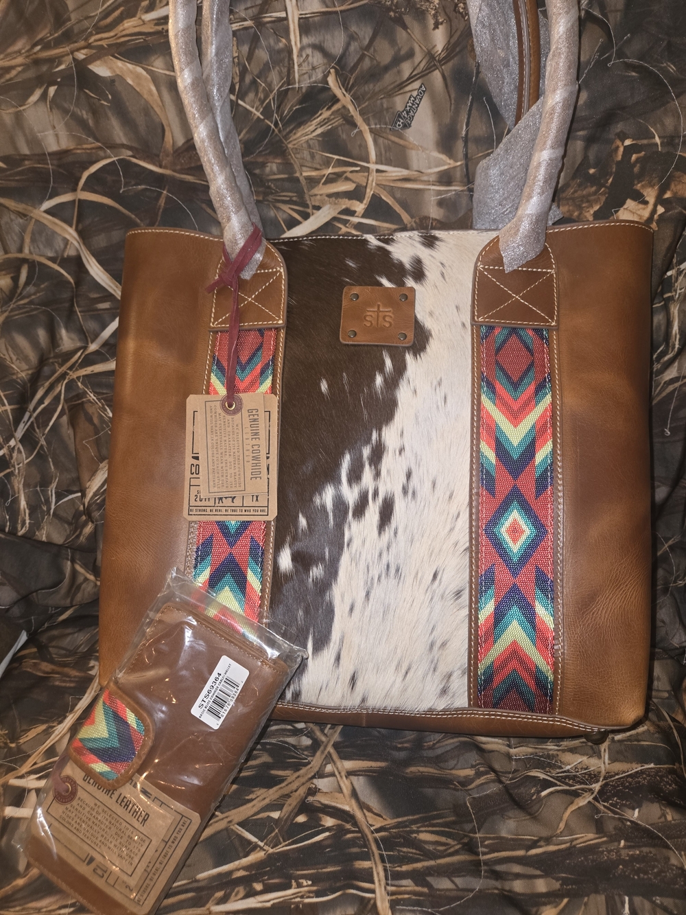 STS Ranchwear Brown Leather & Cowhide Tote with Matching Wallet. Both NWT